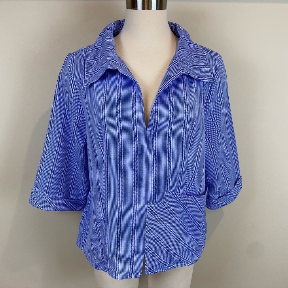 Cali Girls Popover Top Blue White Gingham Size M Split V Neck 3/4 Sleeves‎ Artsy